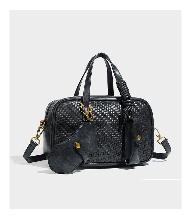 Strukturierte rechteckige Satchel-Tasche mit gewebtem Vorderteil in Lederoptik, goldfarbenen Details, zwei Tragegriffen und abnehmbarem