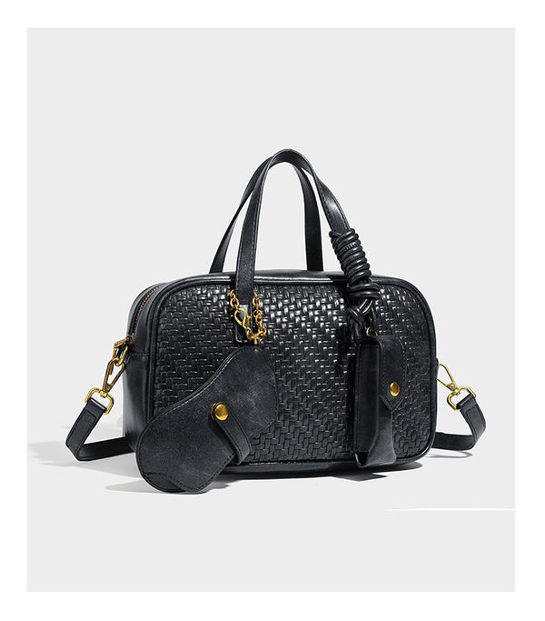 Strukturierte rechteckige Satchel-Tasche mit gewebtem Vorderteil in Lederoptik, goldfarbenen Details, zwei Tragegriffen und abnehmbarem