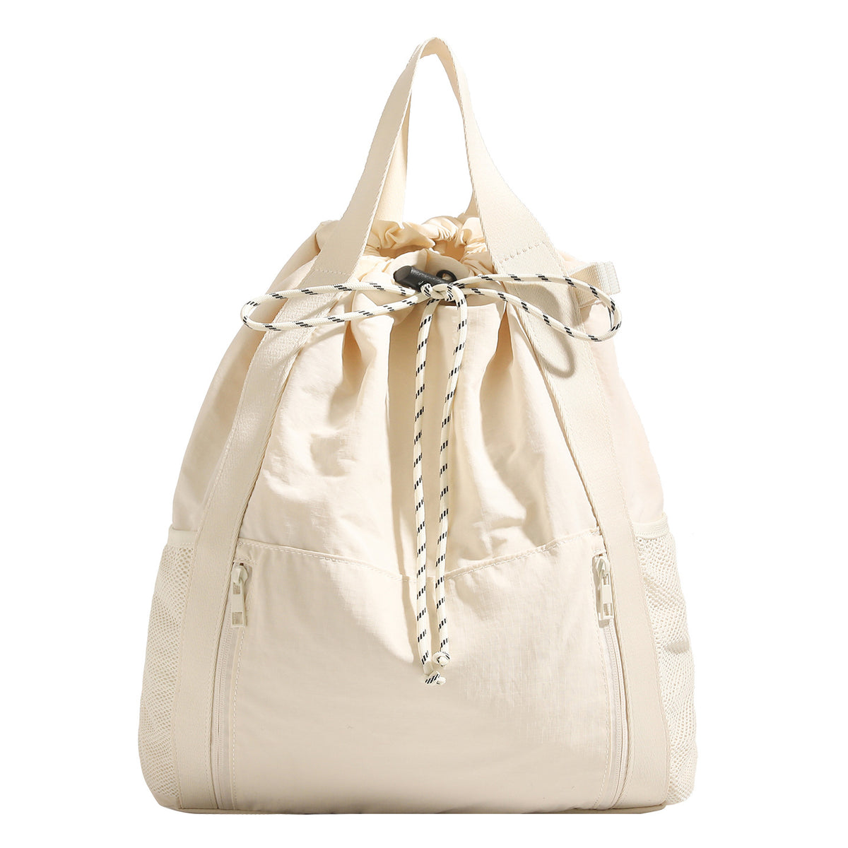 Soft matte drawstring backpack tote with braided cord closure, front zip pocket, and mesh side panels, detail view 5