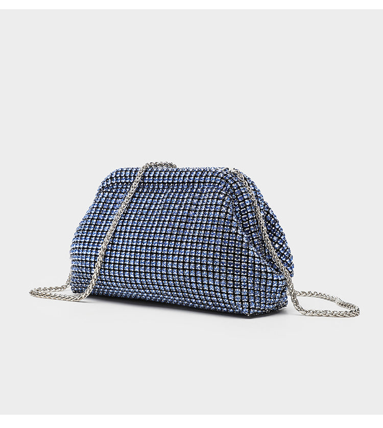 Small crystal rhinestone clutch crossbody bag with silver-tone chain strap and frame-clip closure, detail view 18