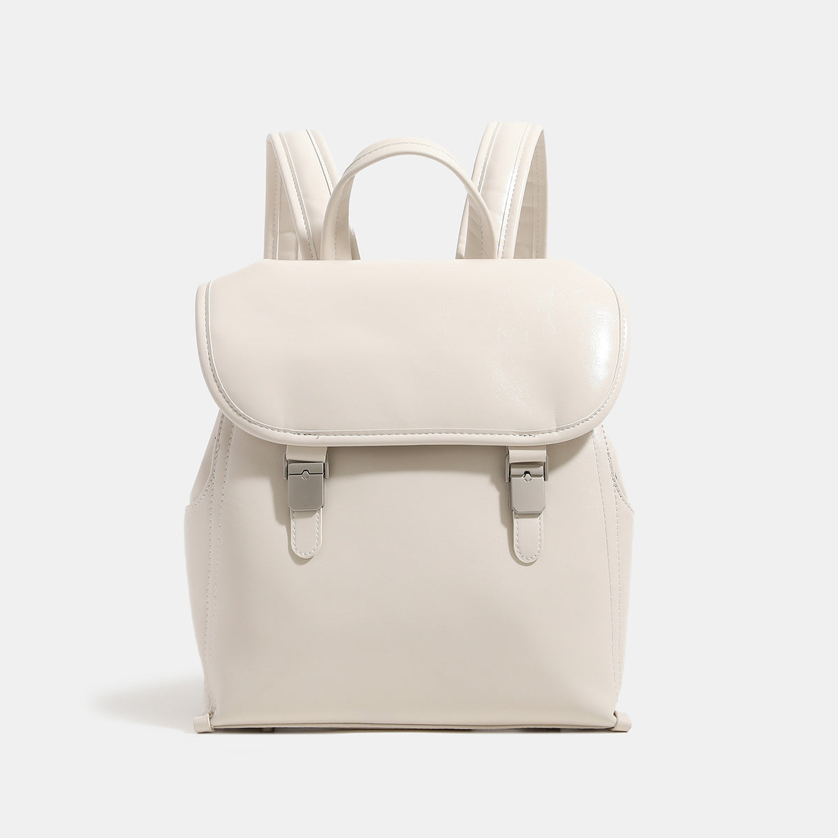 Structured glossy leather-look flap backpack with twin buckle closures and top grab handle, detail view 8