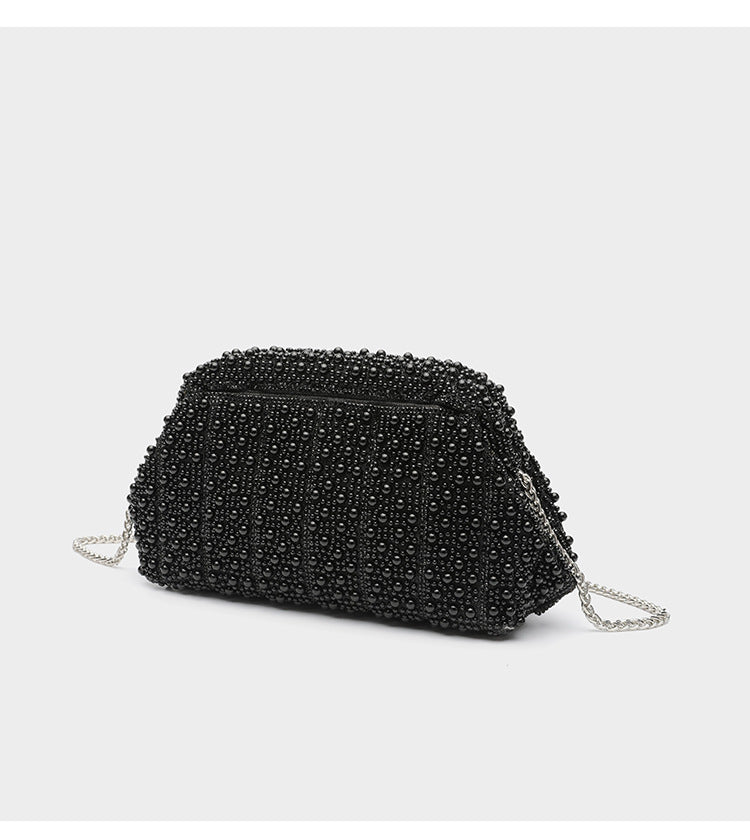 Structured faux-pearl beaded evening clutch bag with silver-tone chain strap and top zip closure, detail view 17