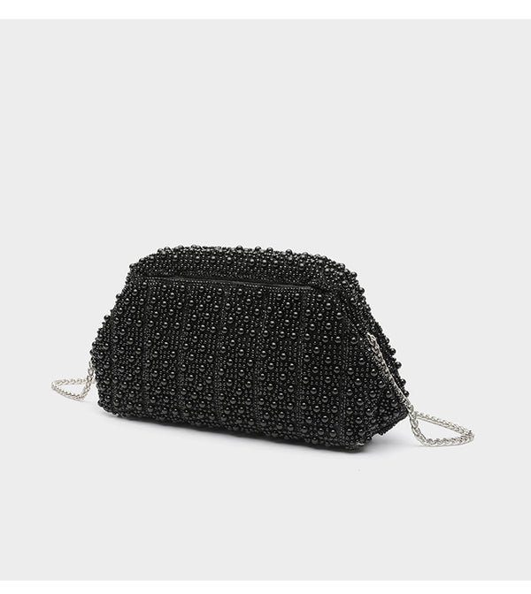 Structured faux-pearl beaded evening clutch bag with silver-tone chain strap and top zip closure, detail view 17