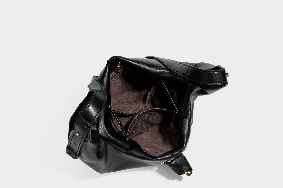 Slouchy hobo bag with smooth leather-look finish, drawstring cinch closure, and gold-tone bead hardware, detail view 38
