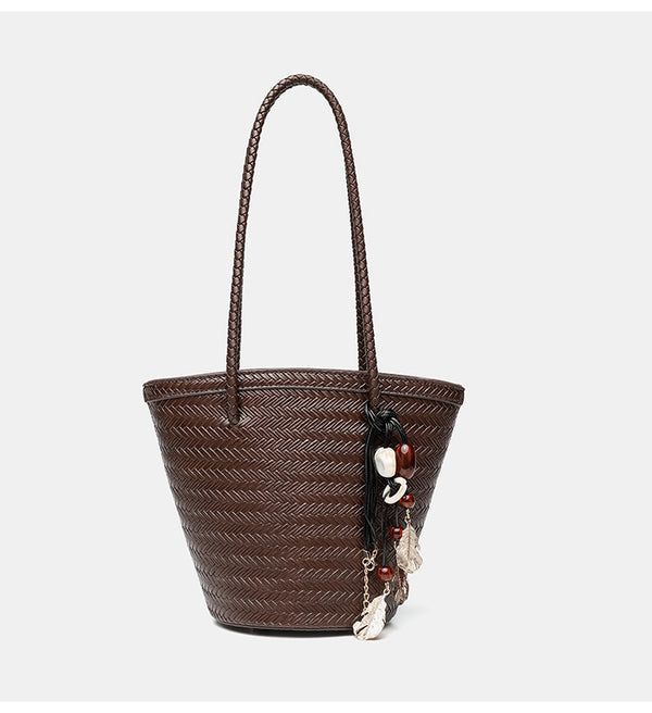 Woven herringbone-texture bucket bag with braided rope shoulder strap in dark brown, detail view 15