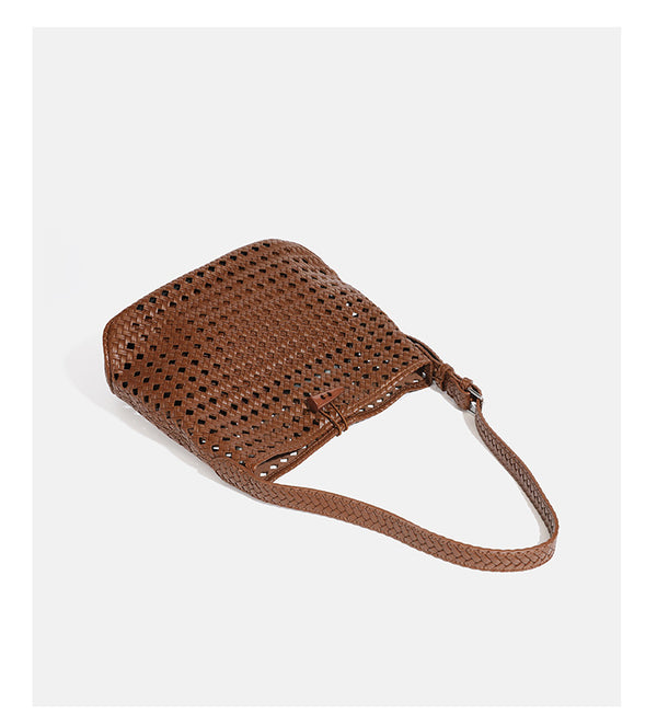 Brown open-lattice woven leather-look hobo shoulder bag with braided strap and matching zip pouch, detail view 18