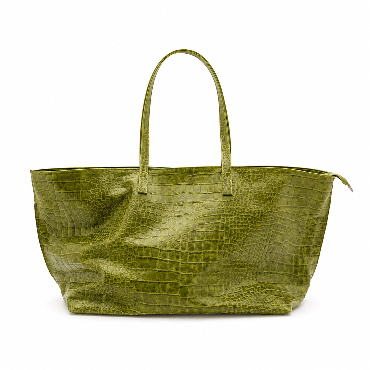 Oversized glossy crocodile-embossed tote bag with long double shoulder straps, detail view 10