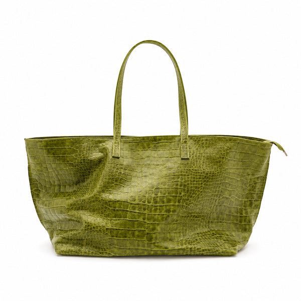 Oversized glossy crocodile-embossed tote bag with long double shoulder straps, detail view 10