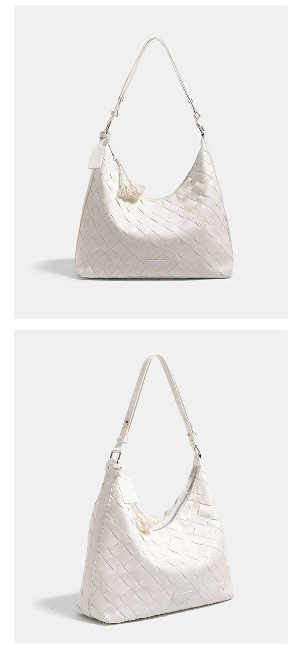 Large woven checker hobo shoulder bag with slim strap, silver-tone hardware, and braided tassel zipper pull, detail view 10