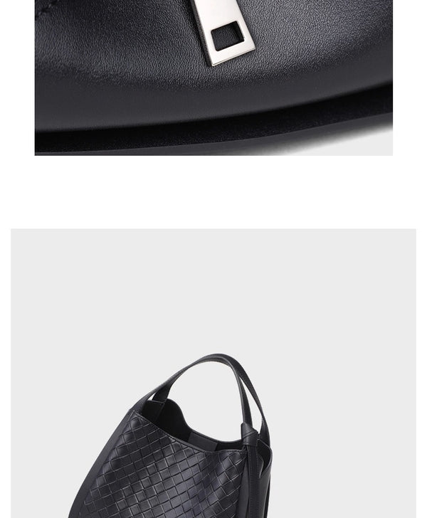 Black woven leather-look bucket tote bag with dual top handles and detachable shoulder strap, silver-tone hardware and zip