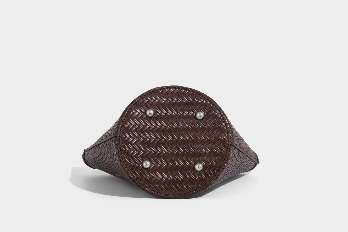 Chevron-woven bucket tote bag with braided shoulder straps and matching drawstring pouch, detail view 30