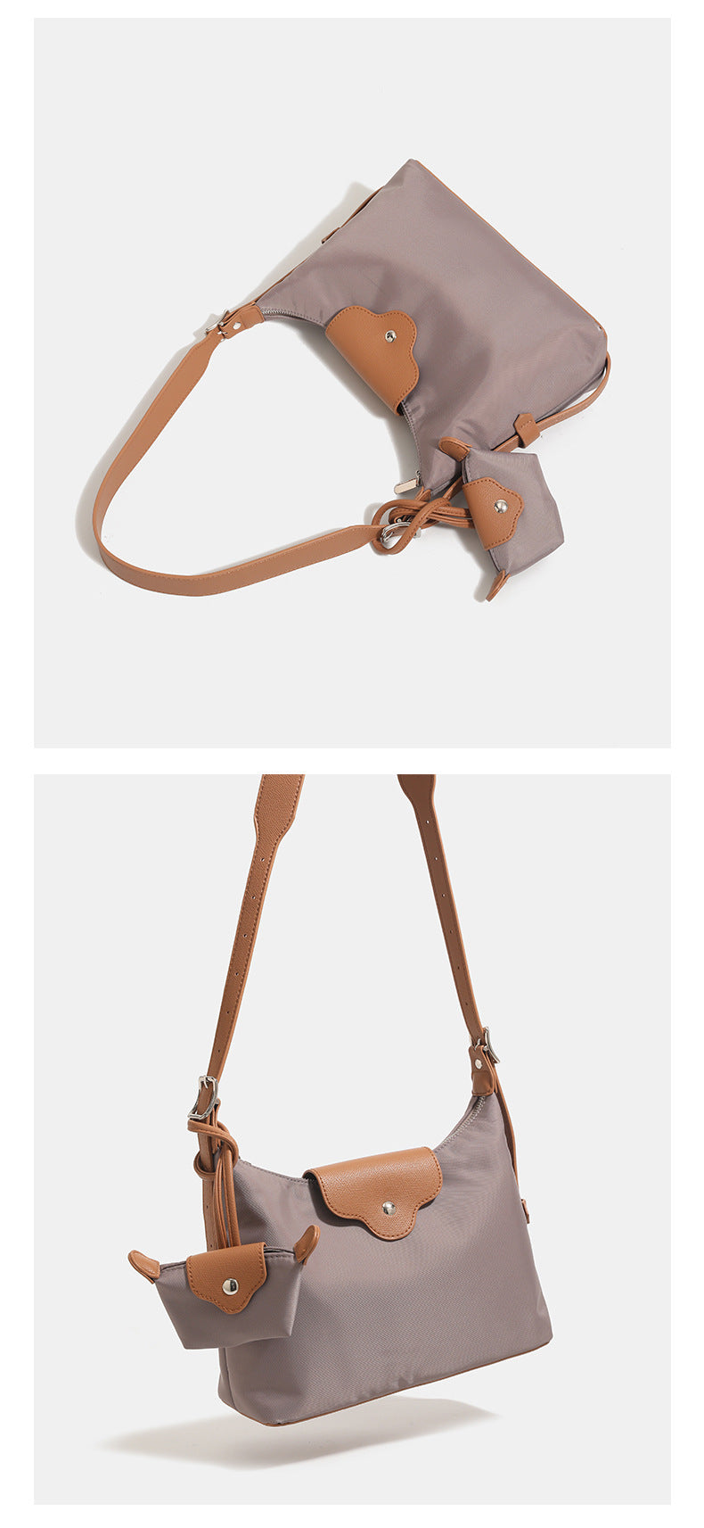 Slouchy hobo shoulder bag in smooth fabric with leather-look tan trim, zip-top closure, adjustable strap, and detachable