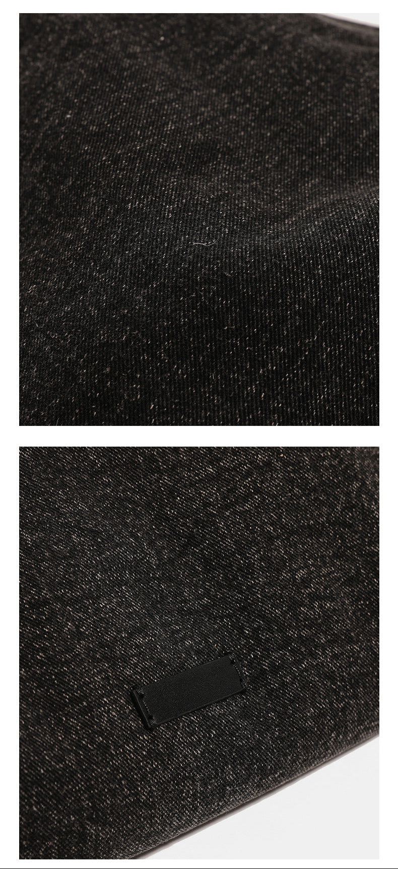 Oversized slouchy hobo shoulder bag in dark marled denim-texture fabric with top zip closure and adjustable single strap