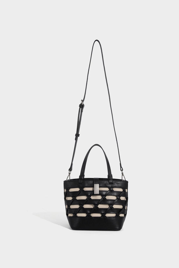 Structured woven lattice tote bag with cream lining, dual top handles, detachable crossbody strap, and silver-tone hardware