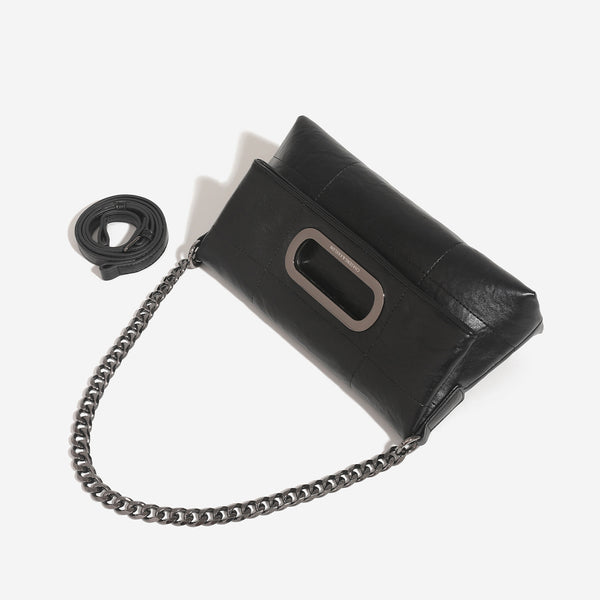 Soft rectangular leather-look convertible shoulder bag with dark curb-chain strap and rounded rectangular metal handle