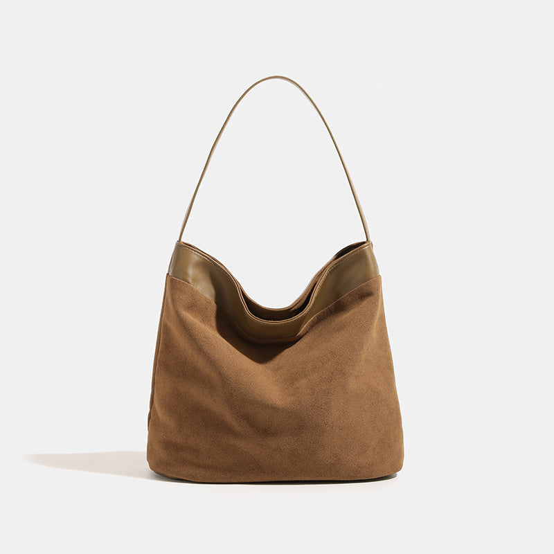 Vintage matte suede-effect bucket shoulder bag with smooth leather-look trim band and flat strap, detail view 7
