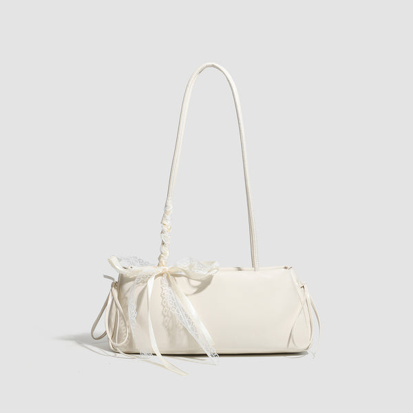 Compact glossy leather-look shoulder bag with lace bow and ribbon trim, detail view 10