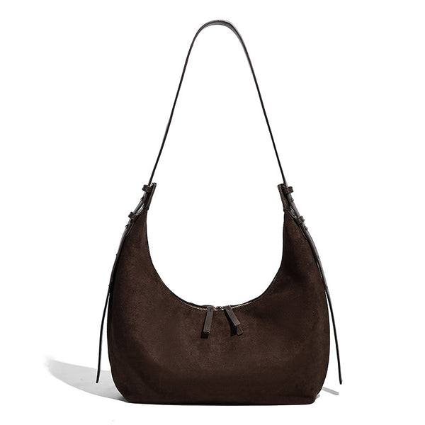 Slouchy crescent hobo shoulder bag in dark chocolate matte suede-look finish with adjustable strap and twin-pull top zip