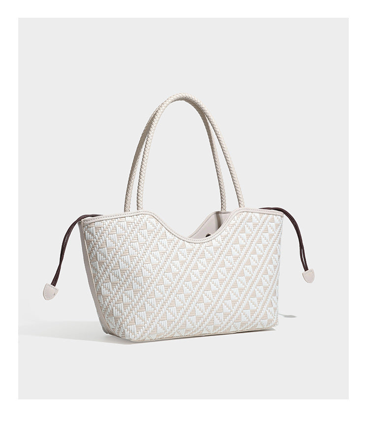 Woven geometric two-tone tote bag with braided shoulder straps and leather-look trim, detail view 22