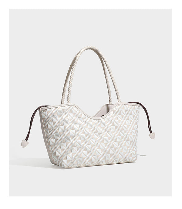 Woven geometric two-tone tote bag with braided shoulder straps and leather-look trim, detail view 22