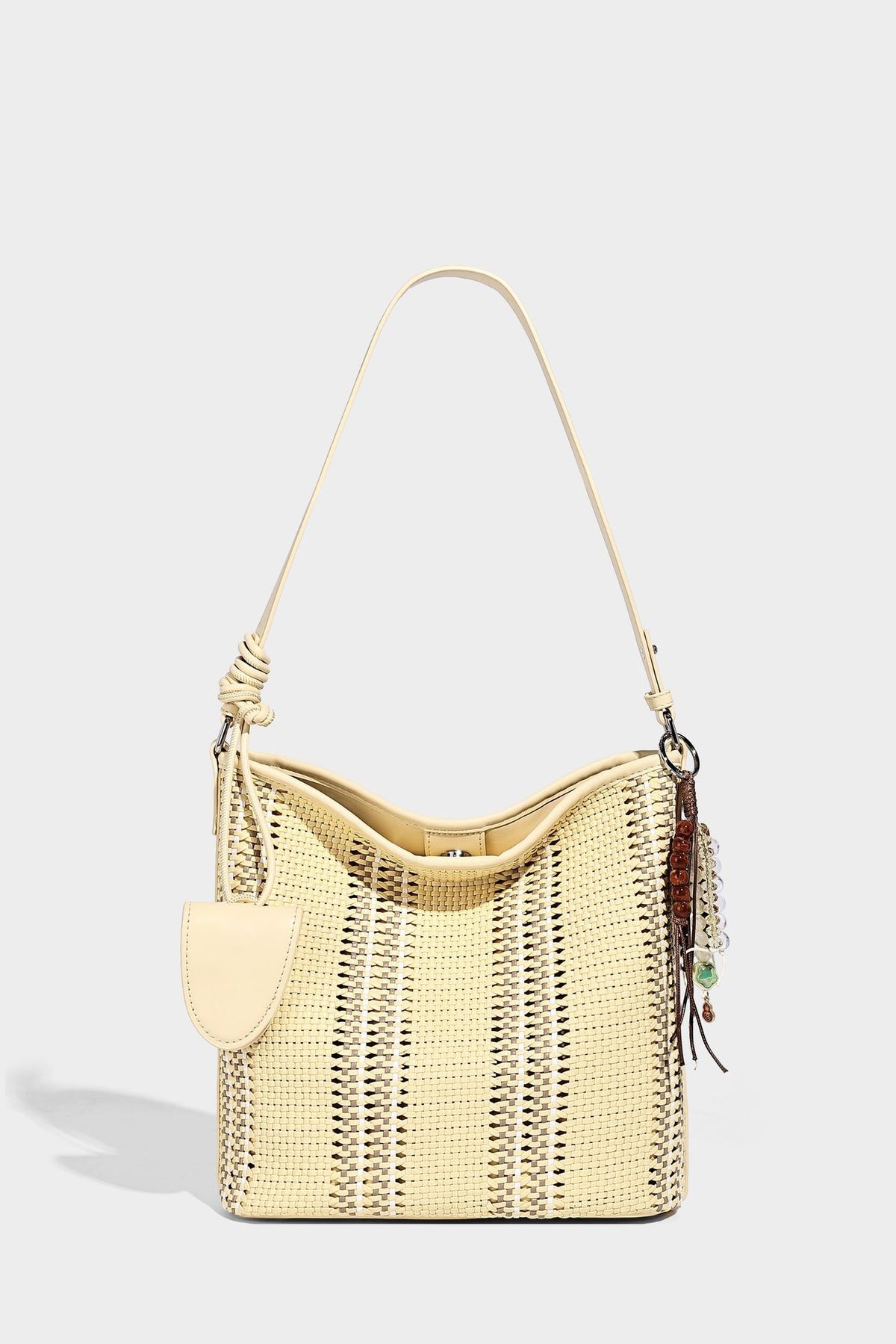 Woven bucket shoulder bag with leather-look trim, silver-tone hardware, and beaded tassel charm, detail view 24