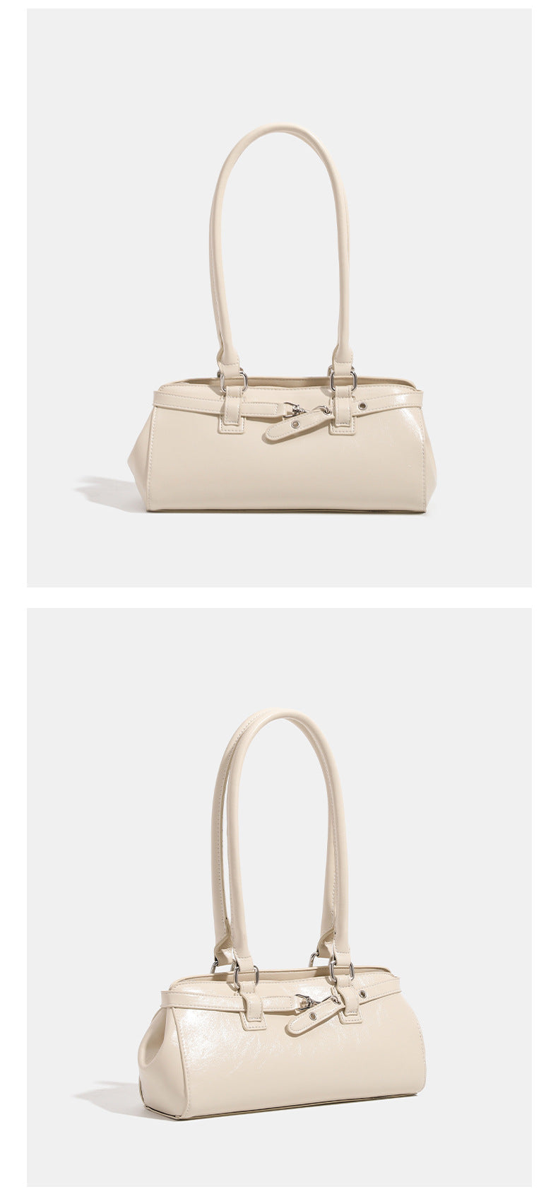 Glossy leather-look baguette shoulder bag with silver-tone hardware and buckle-strap detail, detail view 11