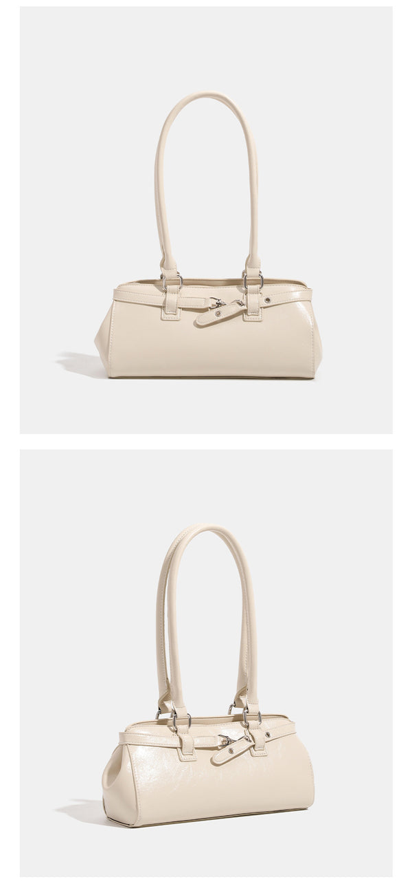 Glossy leather-look baguette shoulder bag with silver-tone hardware and buckle-strap detail, detail view 11