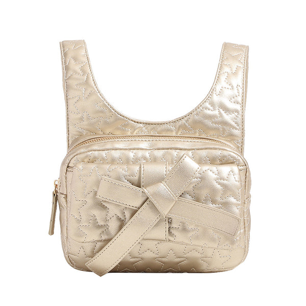 Perlmuttfarbene, sternengesteppte wandelbare Schultertasche mit Schleifendetail und goldfarbener Kettenriemen, Detailansicht 5