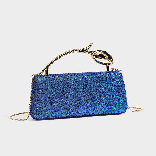 rectangular hard-case rhinestone evening clutch with sculptural gold-tone branch-and-bud top handle and detachable chain