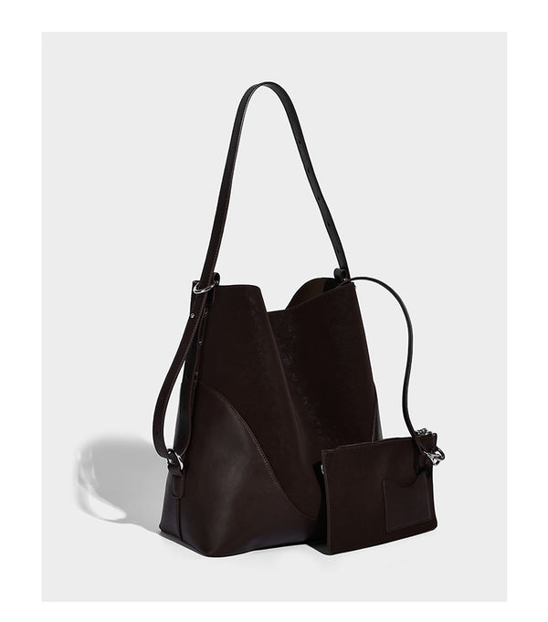 Large two-tone matte suede-effect and smooth leather-look bucket tote bag with detachable zip pouch and silver-tone hardware