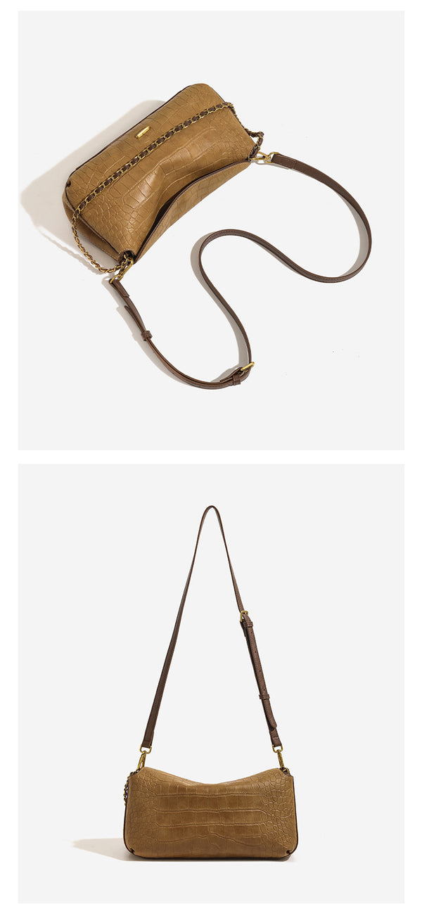 Croc-embossed pillow crossbody shoulder bag with gold-tone chain strap and flap closure, detail view 12
