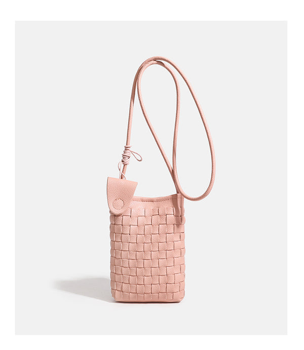 Mini woven square-pattern crossbody phone bag with long cord strap and front snap flap pocket in red textured leather-look