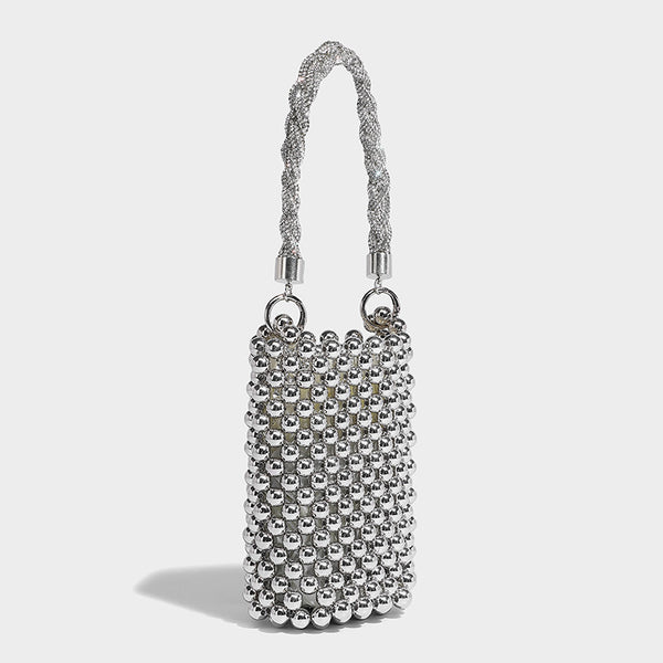 Mini-Bucket-Bag in zylindrischer Form, mit metallisch silberfarbenen Perlen besetzt, geflochtenem Tragegriff und Ketten-Schulterriemen, Detailansicht 20