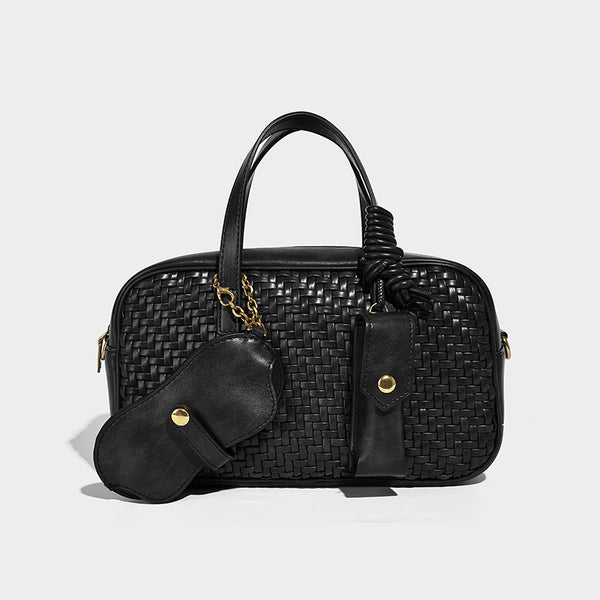 Strukturierte Boston-Tasche mit Webstruktur, glattem Besatz in Lederoptik, zwei Tragegriffen, abnehmbarem Mini-Stecktäschchen und, Detailansicht