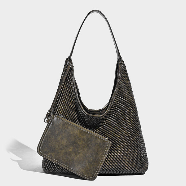 Lässige Hobo-Schultertasche im gewebten Look in Braun mit Besatz in Lederoptik und abnehmbarer Reißverschlusstasche auf der Vorderseite, Detailansicht 7