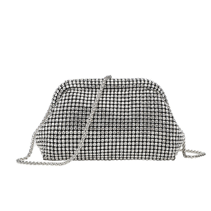 Small crystal rhinestone clutch crossbody bag with silver-tone chain strap and frame-clip closure, detail view 5