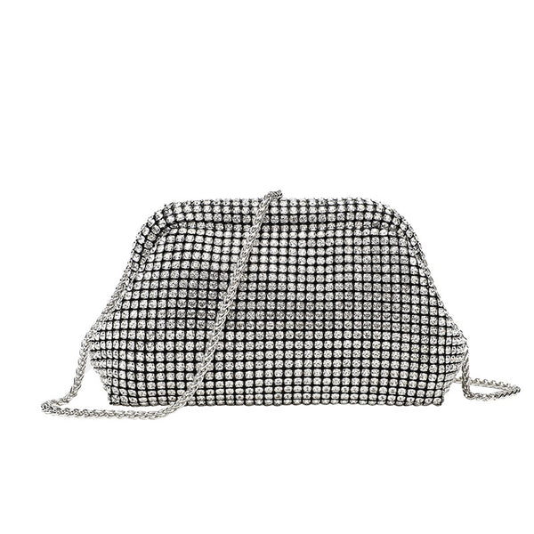 Small crystal rhinestone clutch crossbody bag with silver-tone chain strap and frame-clip closure, detail view 5