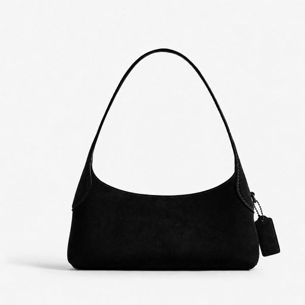 Slim crescent-silhouette shoulder bag in chocolate brown suede-look finish with contrast topstitching, top zip closure, thin