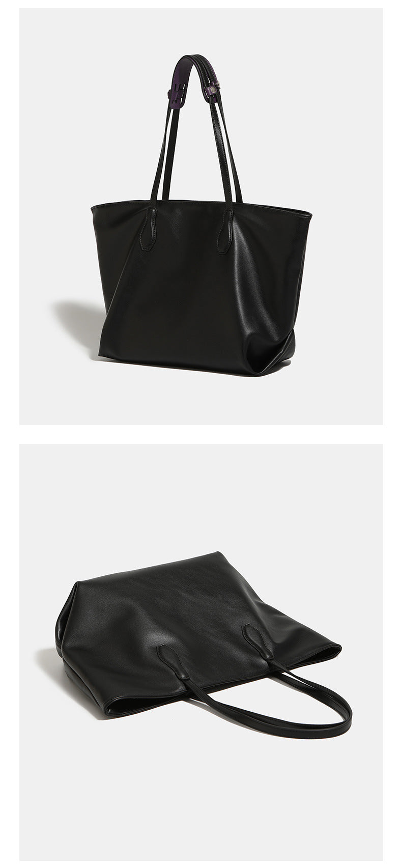 Large black leather-look trapezoid tote bag with double shoulder straps and purple accent hardware, detail view 7