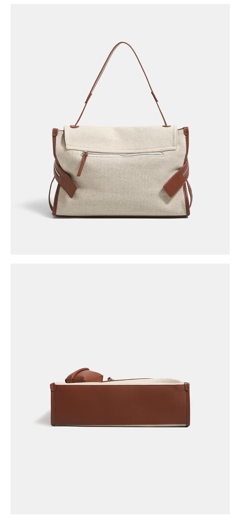Off-white woven cotton-linen shoulder bag with brown leather-look trim, dual zip closure, long zipper pulls, front exterior