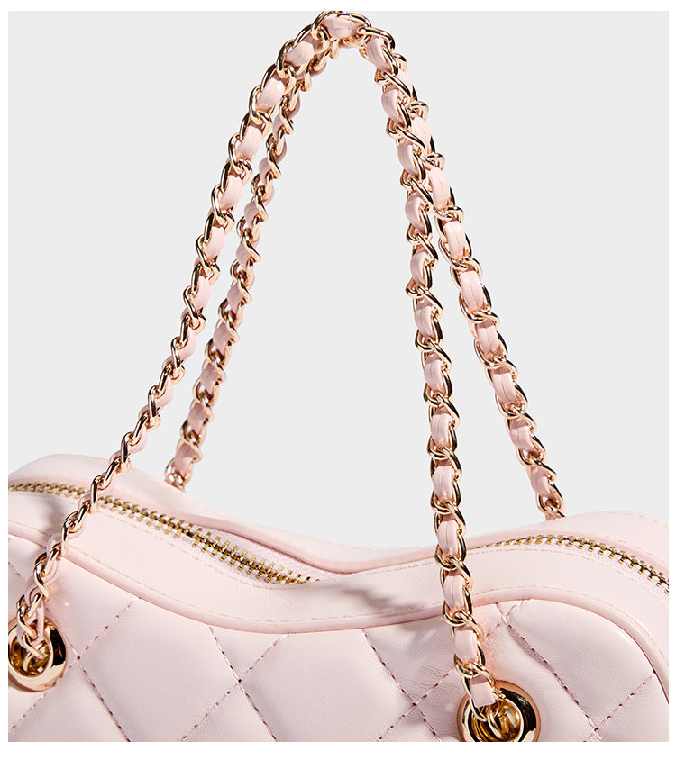 Diamond-quilted mini shoulder bag with gold-tone chain strap and top zip closure, detail view 12