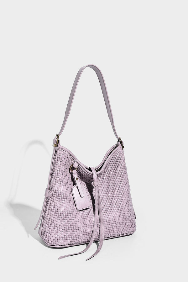 Slouchy woven-texture bucket shoulder bag with tassel tie closure and gold-tone hardware, detail view 23