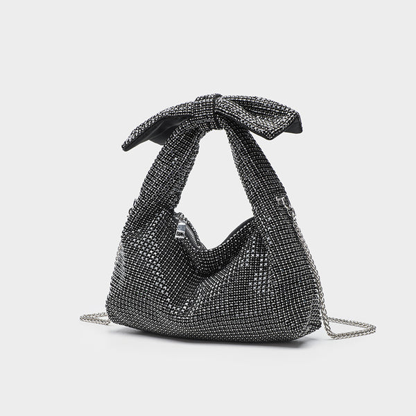 Schultertasche mit Schleife, vollständig mit Kristall-Strasssteinen besetzt, Kettenriemen und Reißverschluss, Detailansicht 10