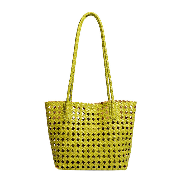 Gewebte Tote-Bag in Chartreuse mit offenem Gittermuster, langen geflochtenen Schulterriemen und gewelltem oberen Rand, Detailansicht 5