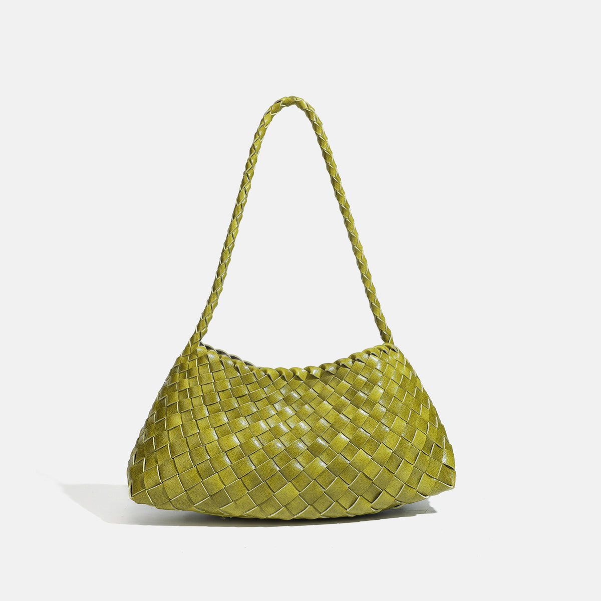 Dark brown hand-woven leather-look hobo shoulder bag with braided strap and drawstring closure, detail view 10