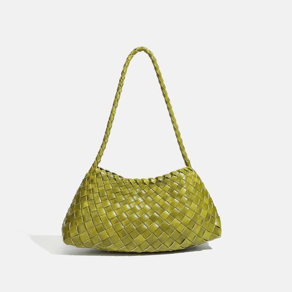 Dark brown hand-woven leather-look hobo shoulder bag with braided strap and drawstring closure, detail view 10