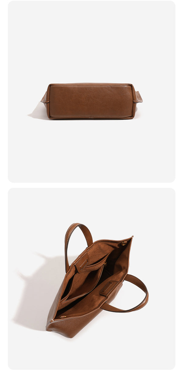 Structured cognac brown leather-look tote bag with fold-ear side panels, top handles, gold-tone hardware, and detachable