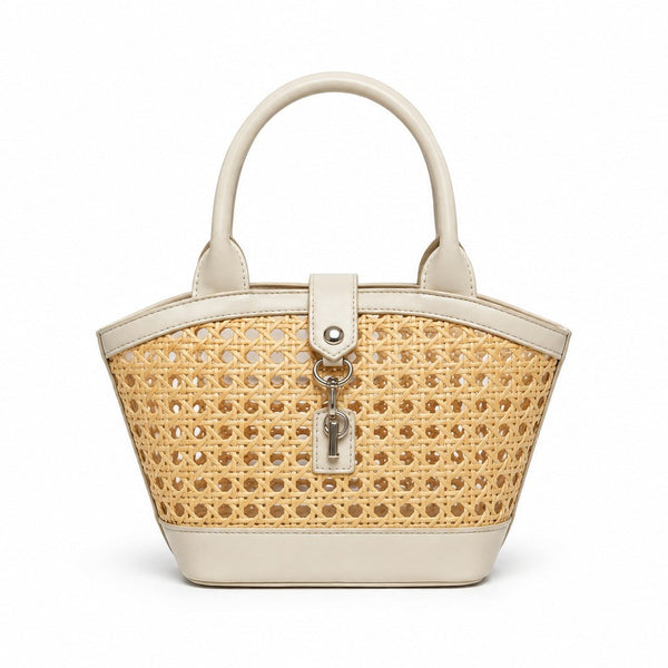 Structured mini tote bag with open-weave rattan body, leather-look arched handles and trim, front tab turn-lock closure, and