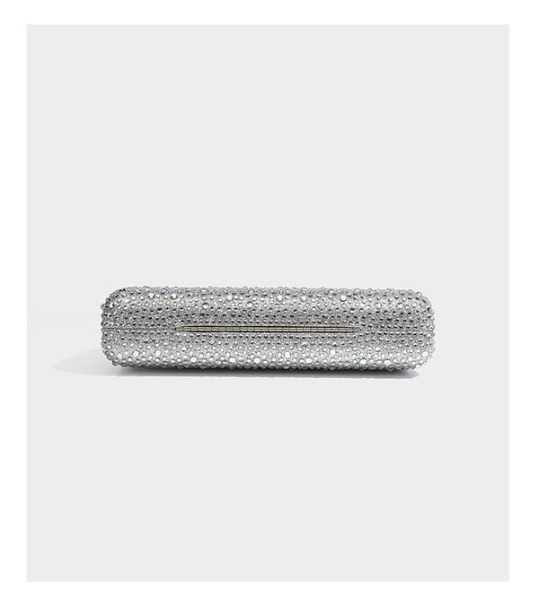 rectangular hard-case rhinestone evening clutch with sculptural gold-tone branch-and-bud top handle and detachable chain