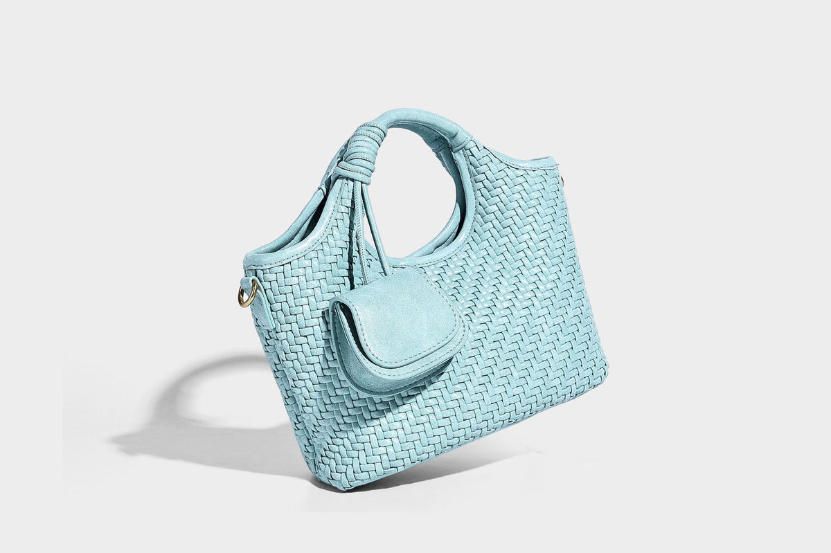 Woven texture tote bag with knotted top handles, attached front mini pouch, and gold-tone hardware, detail view 16
